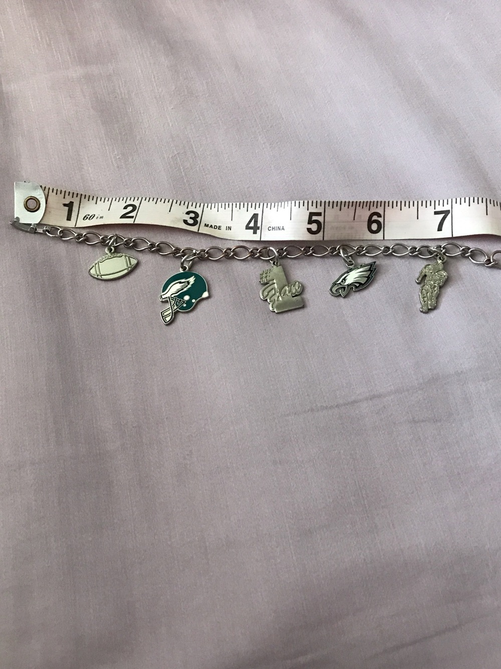 NFL Philadelphia Eagles Silver Charm Bracelet with Green Enamel Accents
